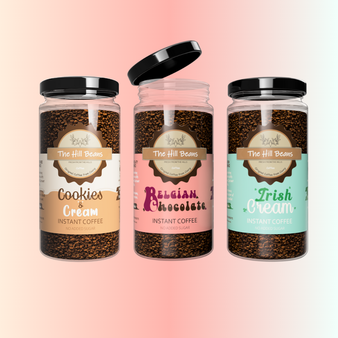 Belgian Chocolate, Irish Cream, Cookies & Cream Instant Coffee Powder - Pack of 3 (100gm Jars)