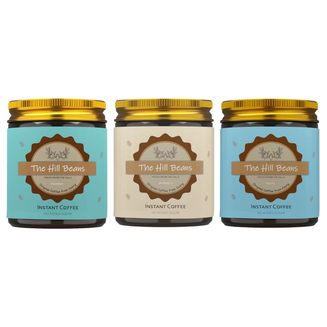 authentic, vanilla & hazelnut pack of 3 instant flavoured coffee jars